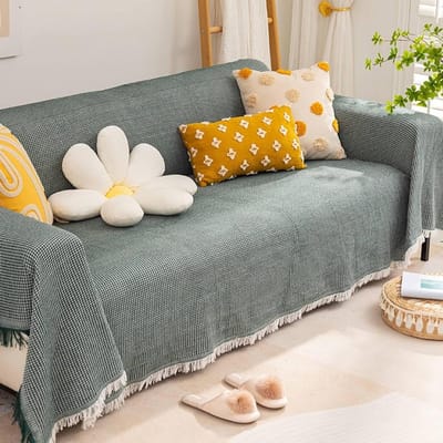 Bankhoes Scandinavisch 180 x 340 cm, bankhoes hoekbank, 3-zits, groen met kwastjes, 180 x 340 cm, bankovertrek, antislip, universeel