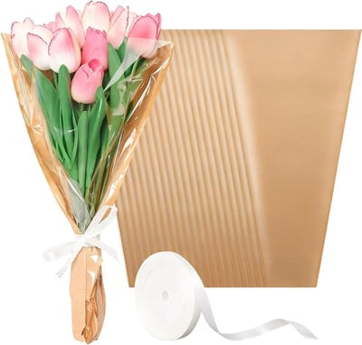 Doorzichtige plastic en kraftpapier bloemzakken voor boeketten - 50 stuks, 45 x 24 cm met lint, ideaal voor Valentijnsdag en Moederdag, vintage verpakking voor bloemen