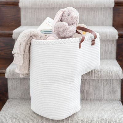 Trappenmand voor vloerbedekking en houten trappen - eerste moederdag geschenk katoenen touw trap met handgrepen - opbergtrap voor wasgoed, speelgoed, kinderkamer Caddy - crèmewit 15,75" L x 7,84" B x