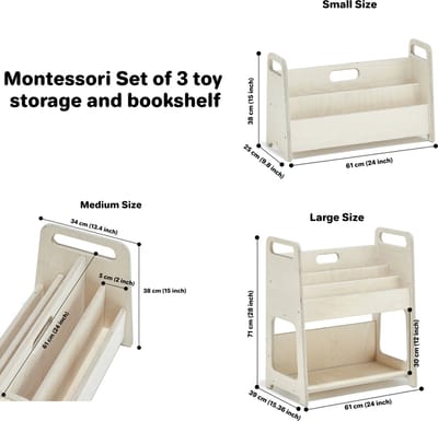 Montessori Set of 3 toy storage and bookshelf | big size bookcases for kids