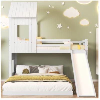 Lit superposé - MUVOE - 140x200cm et 90x200cm - avec toboggan - en pin blanc - sécurisé et amusant blanc