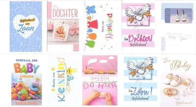 10 Luxe Verschillende Wenskaarten Geboorte Zoon / Dochter / Baby / kleinkind - Assorti nr:50 - Geboorte wenskaart - Gratis verzonden