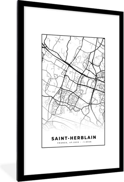 Fotolijst incl. Poster Zwart Wit- Kaart - Plattegrond - Saint-Herblain - Frankrijk - Stadskaart - Zwart wit - 80x120 cm - Posterlijst