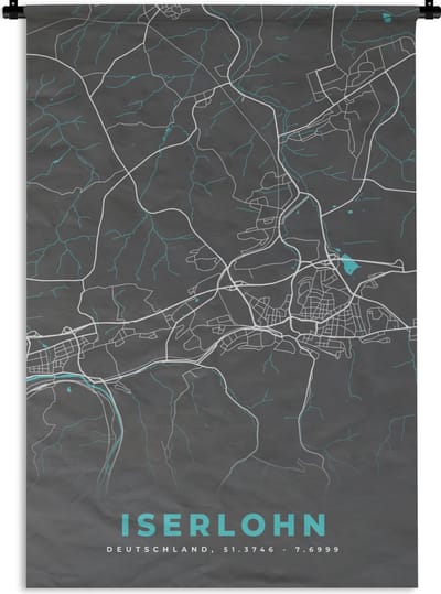 Wandkleed - Wanddoek - Duitsland – Blauw – Iserlohn – Stadskaart – Kaart – Plattegrond - 120x180 cm - Wandtapijt