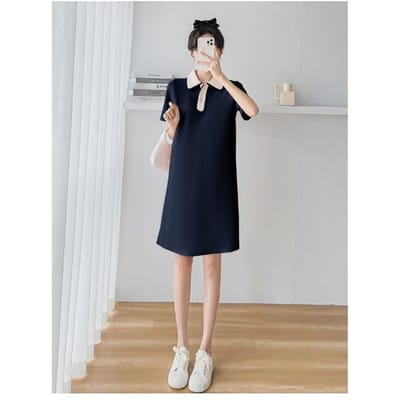 Robe pour femme enceinte Été Manches courtes Fine Rose Col POLO Couleur unie Petite Coupe décontractée Haute qualité Pratique Usage quotidien XL black