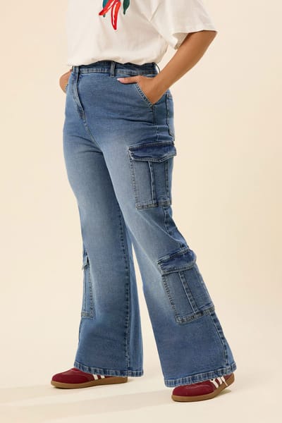 Yours Blauwe Mid Wide Leg Cargo Jeans Size 42