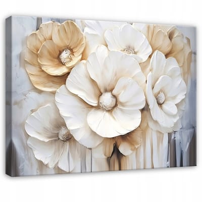 WALLARENA - Canvas schilderij - 100x70 cm - 3D bloemen in wit en goud voor slaapkamer, woonkamer, keuken