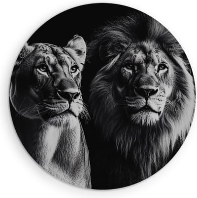 Saammp Muurcirkel Hout - Leeuwin en leeuw - Portret - Dieren - Natuur - Ø 90 - Wandcirkel - Wanddecoratie Cirkel - Muurdecoratie Woonkamer - Slaapkamer decoratie - Rond Schilderij
