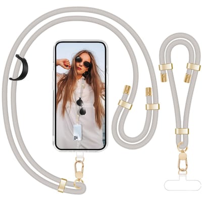 Luxe Nek & Pols Telefoonkoord Set met Bevestigingsplaatjes - Universeel GSM Lanyard Keycord Strap Verstelbaar - Crosssbody Sleutelkoord Telefoonketting - Telefoon Koord Sleutelhanger - Keykoord Pashouder - Phone Ketting Cord - Licht Grijs Nekkoord