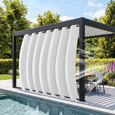 MUPOO Buitengordijnen Waterdicht&Windbestendig met Ringen Boven en Onder - Dubbele Bevestiging tegen Wind - Verduisterend & UV Werend - Outdoor Gordijnen voor Overkapping, Balkon&Tuin - 132x213 cm - Grijswit - 1 Stuk(Rideau Extérieur Imperméable)