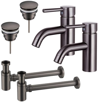 FugaFlow Eccelente Sobrado Badkamer Wastafelkraanset - voor dubbele wastafel - lage wastafelkraan - klikwaste plug - verlaagde design sifon - PVD Gepolijst Gunmetal