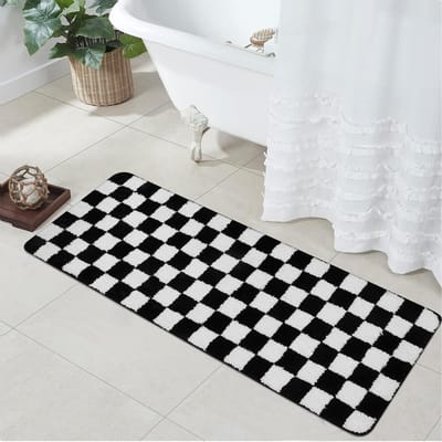 Badkamer Runner - Lange badmat - Vocht absorberen - Zacht microvezel - 18 x 117 cm - Zwart-wit geruit