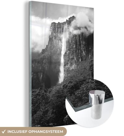 ® Glasschilderij 120x180 cm - Schilderij acrylglas - Zwart-wit afbeelding van de watervallen van het Nationaal park Canaima - Foto op glas - Muurdecoratie woonkamer - Wanddecoratie slaapkamer - Schilderijen