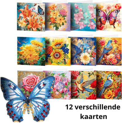 IZGO Diamond Painting Kaarten – 12 Wenskaarten met envelop - Zonder Tekst - Volwassenen – Volledig Hobby Pakket - Diamant schilderen - Vogels vlinders bloemen