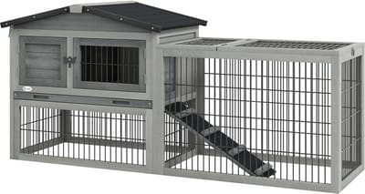 PawHut Hasenstall 2 Ebenen Kaninchenstall aus Tannenholz Winterfest Doppelstockhaus mit Freilaufgehege Rampe 150x52x68 cm Kaninchenkäfig Outdoor Kleintierstall für Hasen Kaninchen Meerschweinchen Grau
