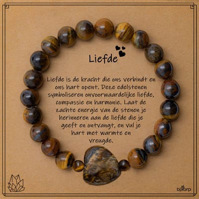 Bixorp Tijgeroog Hartje Armband op Cadeau Kaartje - Liefde - 8mm / 18cm Edelsteen Kralenarmband - Inclusief Cadeau Envelop