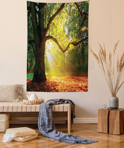 ABAKUHAUS Boomtapijt, Eiken, herfstbladeren wazig, woonkamer slaapkamer wanddoek zijdezacht satijn wandtapijt, 100 x 150 cm, oranje groen bruin