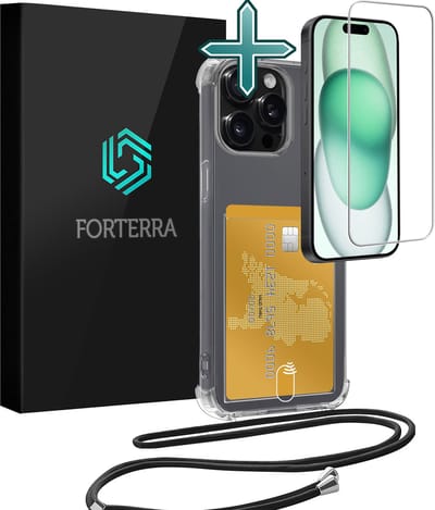 Hoesje Geschikt voor iPhone 15 Pro Pashouder Case Siliconen Hoes Met Koord Met Screenprotector - Hoes Geschikt voor iPhone 15 Pro Met Telefoonkoord Hoesje Back Cover Met Pasjeshouder - Transparant