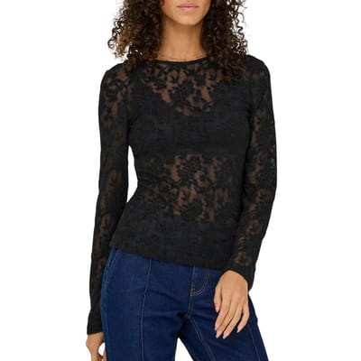 Only zwarte dames top   Ronde hals   Slim Fit   Kant patroon   Lange mouw Zwart XS