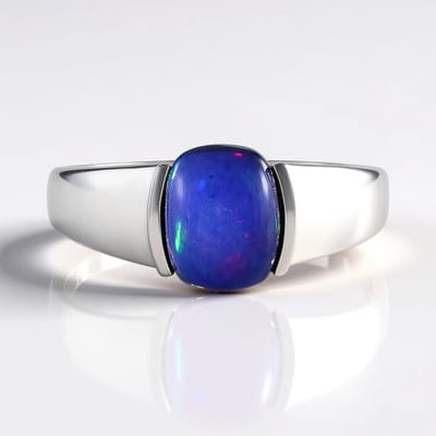 Cavill - Zilveren Ring met Mezezo Opaal - 925 Sterling Zilver Geplatineerd - 1,565 ct Ethiopische Blauwe Opaal - Antiek Cabochon - Elegante Damesring