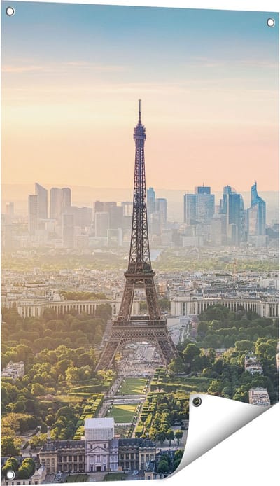 Gards Tuinposter Skyline van Parijs met de Eiffeltoren - 60x90 cm - Tuindoek - Tuindecoratie - Wanddecoratie buiten - Tuinschilderij
