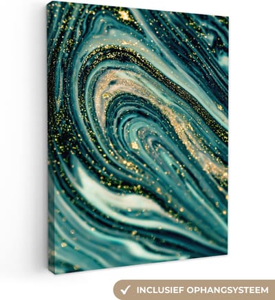 Canvas schilderij 60x80 cm - Wanddecoratie Marmerlook - Luxe - Goud - Turquoise - Glitter - Muurdecoratie woonkamer - Slaapkamer decoratie - Kamer accessoires - Schilderijen op canvas