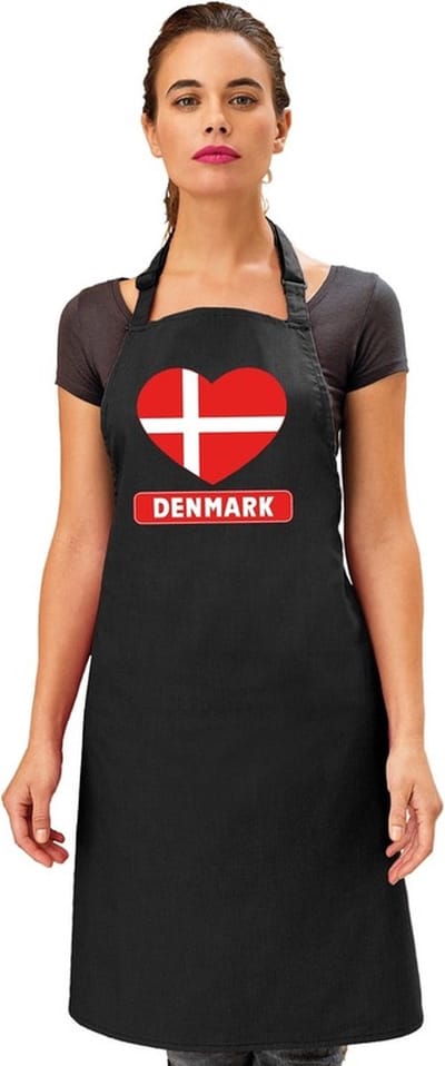 Keukenschort - Barbecueschort - I Love Denemarken vlag - zwart - heren en dames - Landen supporters - Gerechten - Avond