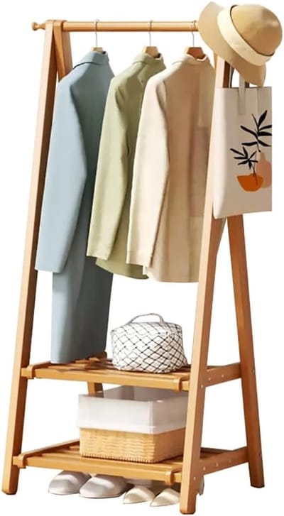 Kledingrek Bamboe - Kapstok Open Kast - Kleding Opbergen - Met Schoenenrek - 66/86/116cm Breed - Houtkleur
