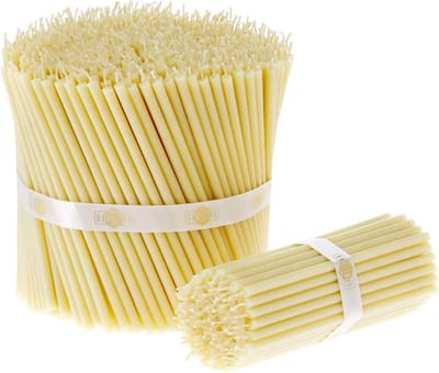 Kaarsen - 700x stuks - bijenwas, wit, orthodoxe kaarsen voor gebed, rituelen, tafeldecoratie, huwelijk, niet giftig, roetvrij, druppelt niet, lang, duurzaam product, N140, hoogte: 15 cm, Ø 5 mm