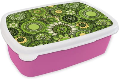 Broodtrommel Roze - Lunchbox - Brooddoos - Bloemen - Groen - Patroon - 18x12x6 cm - Kinderen - Meisje