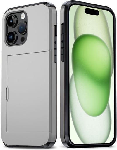 Hoes Geschikt voor iPhone 15 Pro Hoesje Hard Case Met Pas Houder - Hoesje Geschikt voor iPhone 15 Pro Hoes Shockproof Hard Cover Met Kaarthouder - Grijs