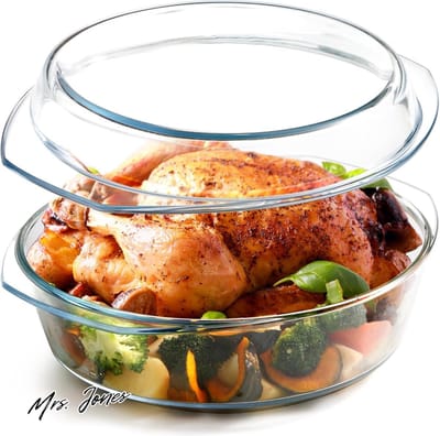 Mrs. Jones 4L grote braadpan met deksel - glazen ovenschaal voor brood - ronde braadschotels magnetron- en ovenbestendig .