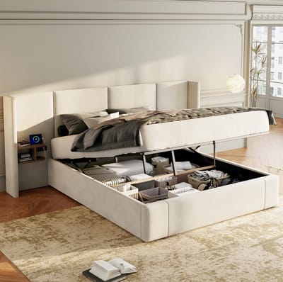 MEUNIQ tweepersoons bed 160 x 200 cm met hydraulische opbergruimte, 2 nachtkastjes, USB-A en USB-C, lattenbodem, beige fluwelen bed voor slaapkamer