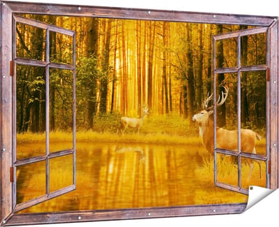 Gards Tuinposter Doorkijk Twee Herten in het Bos bij het Water - 180x120 cm - Tuindoek - Tuindecoratie - Wanddecoratie buiten - Tuinschilderij