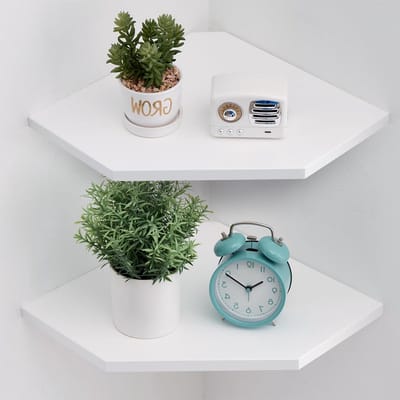 Hoekplank Set van 2 - Eiken Houten Wandplanken in Vintage Stijl voor Slaapkamer en Woonkamer, Diamantvormig met Draadopening (Wit, 33.5cm)