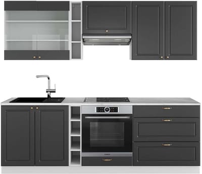 Vicco Fame-Line Complete keukeneenheid – 235 cm, WB Marmer Antraciet-Goud/Wit