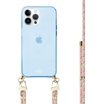 xoxo Wildhearts silicone case met koord - Blauw telefoonhoesje met koord - telefoonketting - Rainbow Vibes - Cord Case - geschikt voor Apple iPhone 12 Pro - Regenboog koord - meerkleurig