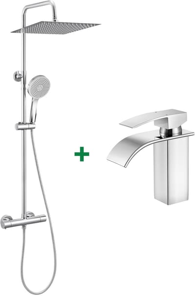 Auralum max Regendouche met Thermostaatkraan en Wastafelkraan - Doucheset - Ø 30 cm Douchekop - 5 Standen Handdouche - Compleet Regendoucheset - Inclusief thermostaatkraan - Chroom