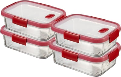 Curver Smart Cook Vershouddoos - Glas met deksel - Rechthoekig - Set van 4 x 0,9L - Rood/Transparant