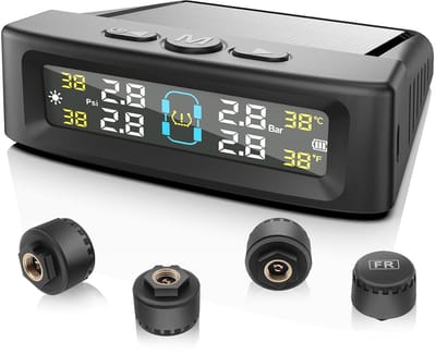 Bandenspanningscontrolesysteem TPMS - Draadloos LCD Display - Zonne-energie en USB Oplaadbaar - Inclusief 4 Sensoren - Voor Auto en SUV