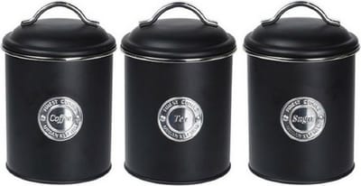 Excellent Houseware Keuken voorraad blikken - 3x stuks - zwart - suiker - thee - koffie - 11 x 16 cm - Vintage look