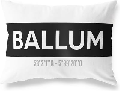 Tuinkussen BALLUM - FRIESLAND met coördinaten - Buitenkussen - Bootkussen - Weerbestendig - Jouw Plaats - Studio216 - Modern - Zwart-Wit - 50x30cm