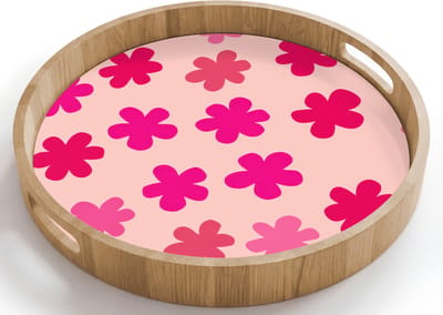 Dienblad rond 40x40 cm - Schootdienblad hout - Bloemen - Patroon - Roze - Borrelplank rechthoek - Plateau houten dienbladen