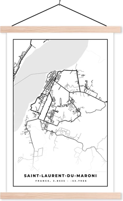 Posterhanger incl. Poster 40x60 cm - Schoolplaat - Stadskaart - Frankrijk - Kaart - Saint-Laurent-du-Maroni - Plattegrond - Zwart wit - Textielposter - Blanke latten - Stadskaart