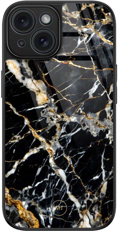 Hoesje geschikt voor iPhone 15 - Black marble elegance - Luxe Hard Case - Marmer - Zwart - Mooie Telefoonhoesjes