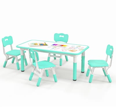 COSTWAY Kindertafel met 4 stoelen, kinderzitgroep, in hoogte verstelbaar, met graffiti-tafelblad, kindertafelstoelset, Maltafel, activiteitstafel voor jongens en meisjes vanaf 18 maanden (groen)