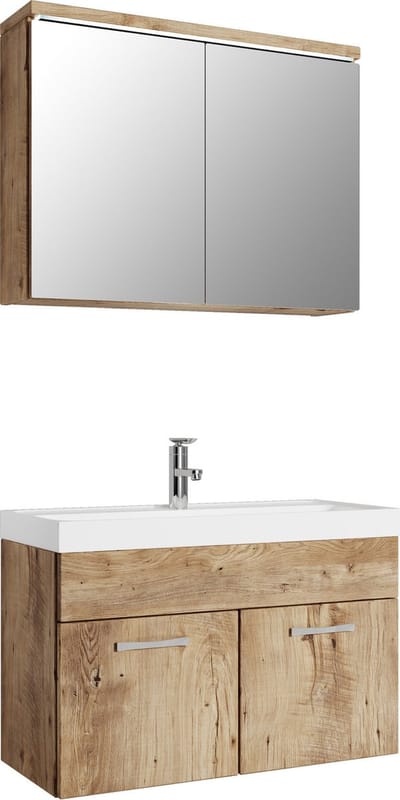 Badplaats Badkamermeubel Set Paso 02 80 x 40 cm – Kastanje Eiken – Badmeubel met Wastafel en Spiegelkast
