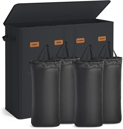 M-Goods - Wasmand 210L - Wasmand 4 Vakken met Deksel - Wassorteerder met Uitneembare Waszakken - Zwart