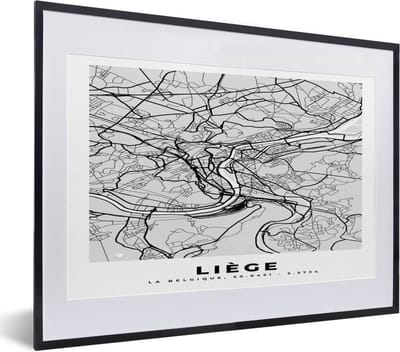 Fotolijst incl. Poster Zwart Wit- Kaart – Plattegrond – Stadskaart – Liège – België – Zwart Wit - 40x30 cm - Posterlijst