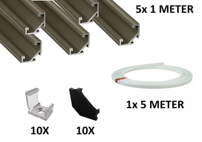 5 Meter Aluminium LED Strip HoekProfiel Zwart - 23,3x11,8mm - Incl. 5 Meter Afdekkap Frosted - Incl. Eindkapjes en Montagebeuge